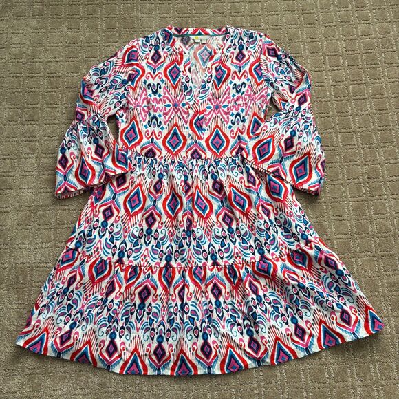 Boden Relaxed Tiered Linen Dress Women's 2P Red Blue Colorful Beachy Vacation - Picture 3 of 11